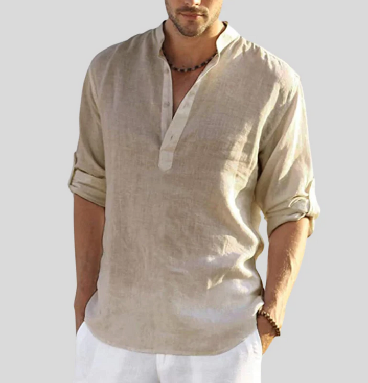 "Herren Leinenhemd in Beige, klassisches Design, eleganter Look mit Knopfleiste, atmungsaktives Material, vielseitig"