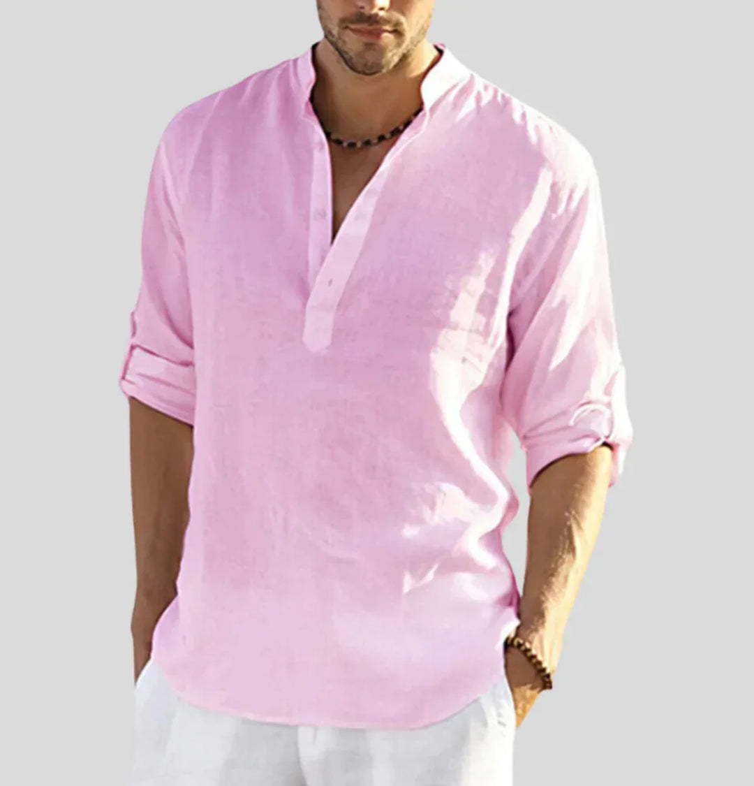 "Herren Leinenhemd mit klassischem Kragen, atmungsaktivem Stoff, ideal für formelle Anlässe, elegante Details."