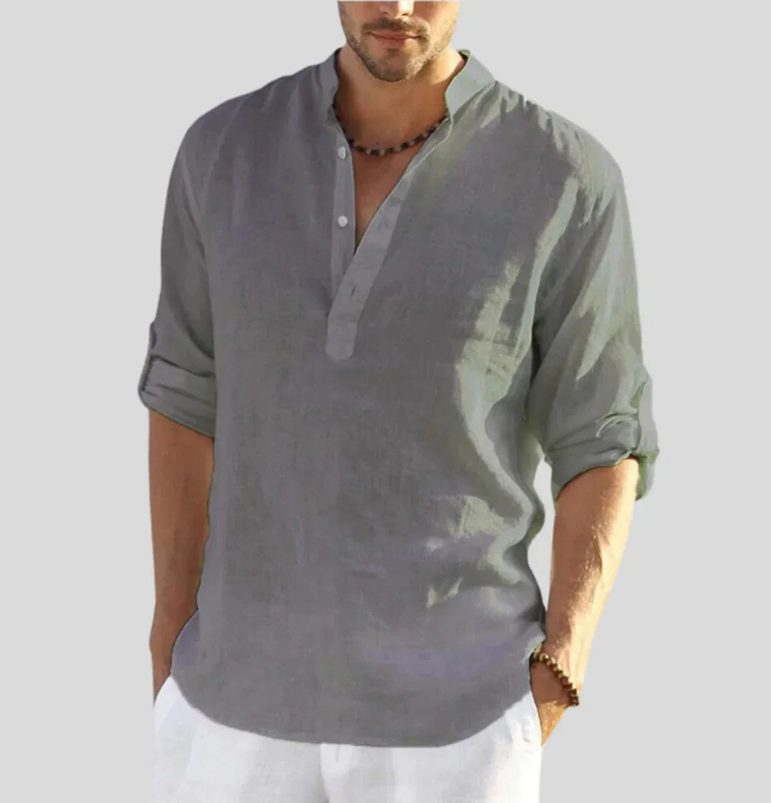 "Herren Leinenhemd mit klassischem Kragen, atmungsaktivem Stoff, ideal für formelle Anlässe, elegante Details."