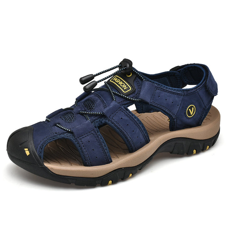 "Herren Outdoor Sandalen für Abenteuer, robustes Design, Leder- und rutschfeste Sohle, optimaler Halt, beige Farbe."