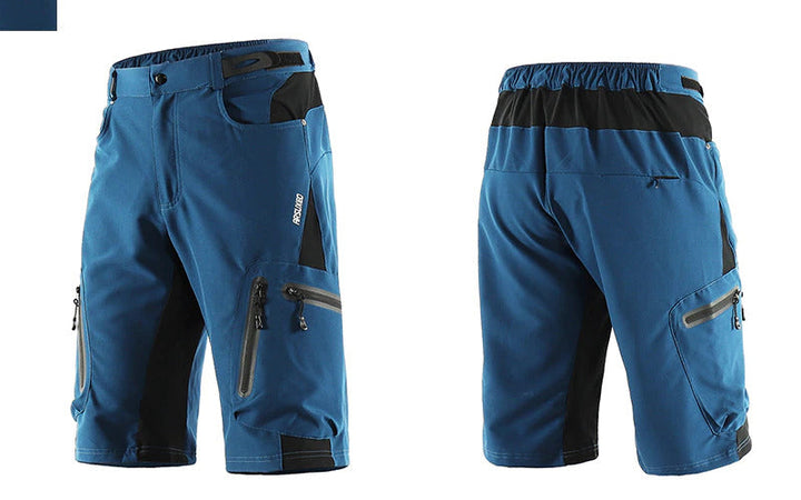 "Herren Radhose, atmungsaktiv, Dunkelblau, elastischer Bund, Reißverschlusstaschen, ideal für Outdoor-Radfahren."