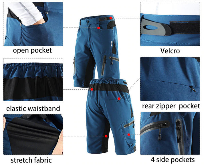 "Herren Radhose, atmungsaktiv, Dunkelblau, elastischer Bund, Reißverschlusstaschen, ideal für Outdoor-Radfahren."