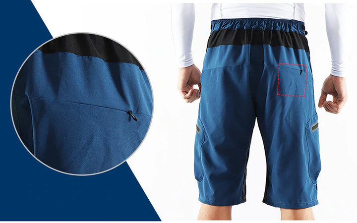 "Herren Radhose, atmungsaktiv, Dunkelblau, elastischer Bund, Reißverschlusstaschen, ideal für Outdoor-Radfahren."