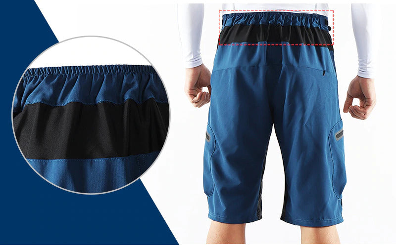 "Herren Radhose, atmungsaktiv, Dunkelblau, elastischer Bund, Reißverschlusstaschen, ideal für Outdoor-Radfahren."