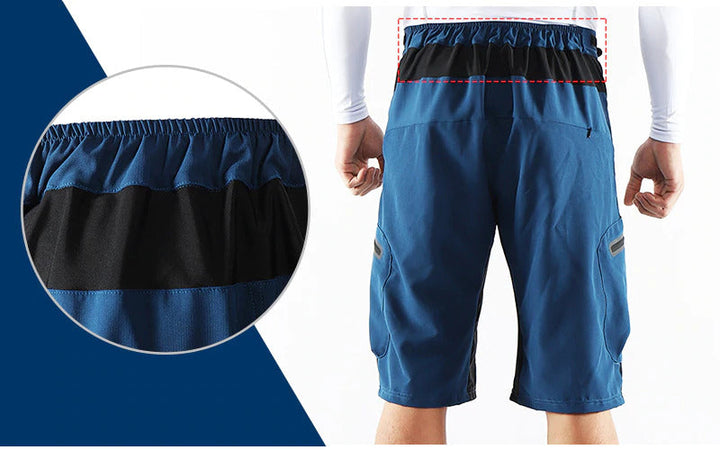 "Herren Radhose, atmungsaktiv, Dunkelblau, elastischer Bund, Reißverschlusstaschen, ideal für Outdoor-Radfahren."
