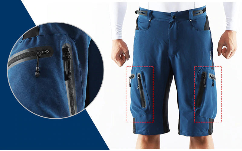 "Herren Radhose, atmungsaktiv, Dunkelblau, elastischer Bund, Reißverschlusstaschen, ideal für Outdoor-Radfahren."