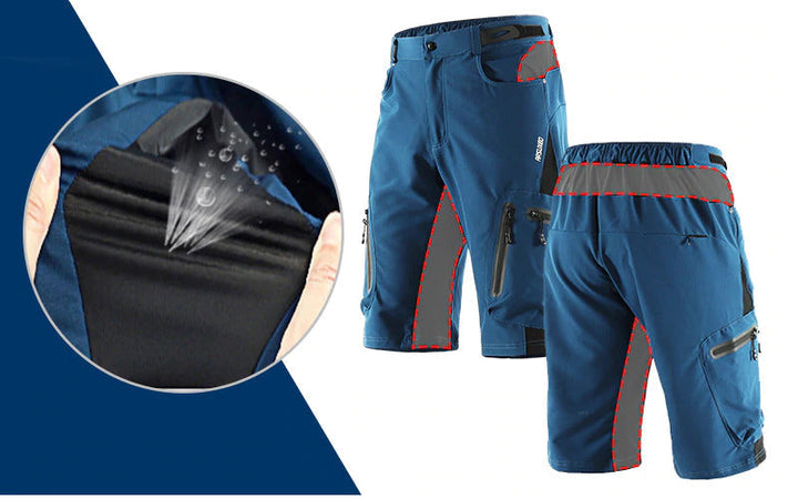 "Herren Radhose, atmungsaktiv, Dunkelblau, elastischer Bund, Reißverschlusstaschen, ideal für Outdoor-Radfahren."