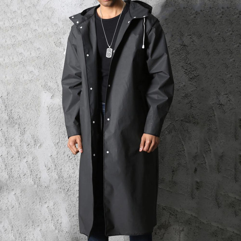 Herren schwarze wasserdichte Regenjacke, lange Outdoorjacke mit zeitlosem Design und verstellbarer Passform.
