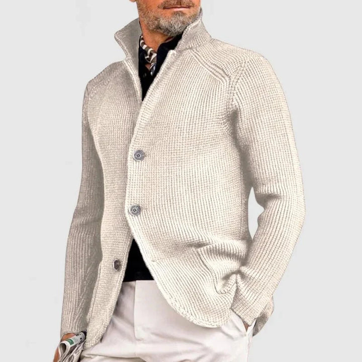 "Herren-Strickjacke mit Knopfleiste in Grau, elegante Wollmischung, vielseitige Farben erhältlich, zeitloses Design."