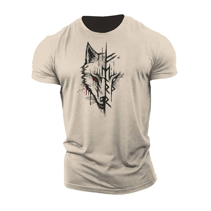 "Herren T-Shirt Kurzarm, nordisches Design, atmungsaktive Baumwolle, Regular-Fit in Beige auf schlichtem Hintergrund."