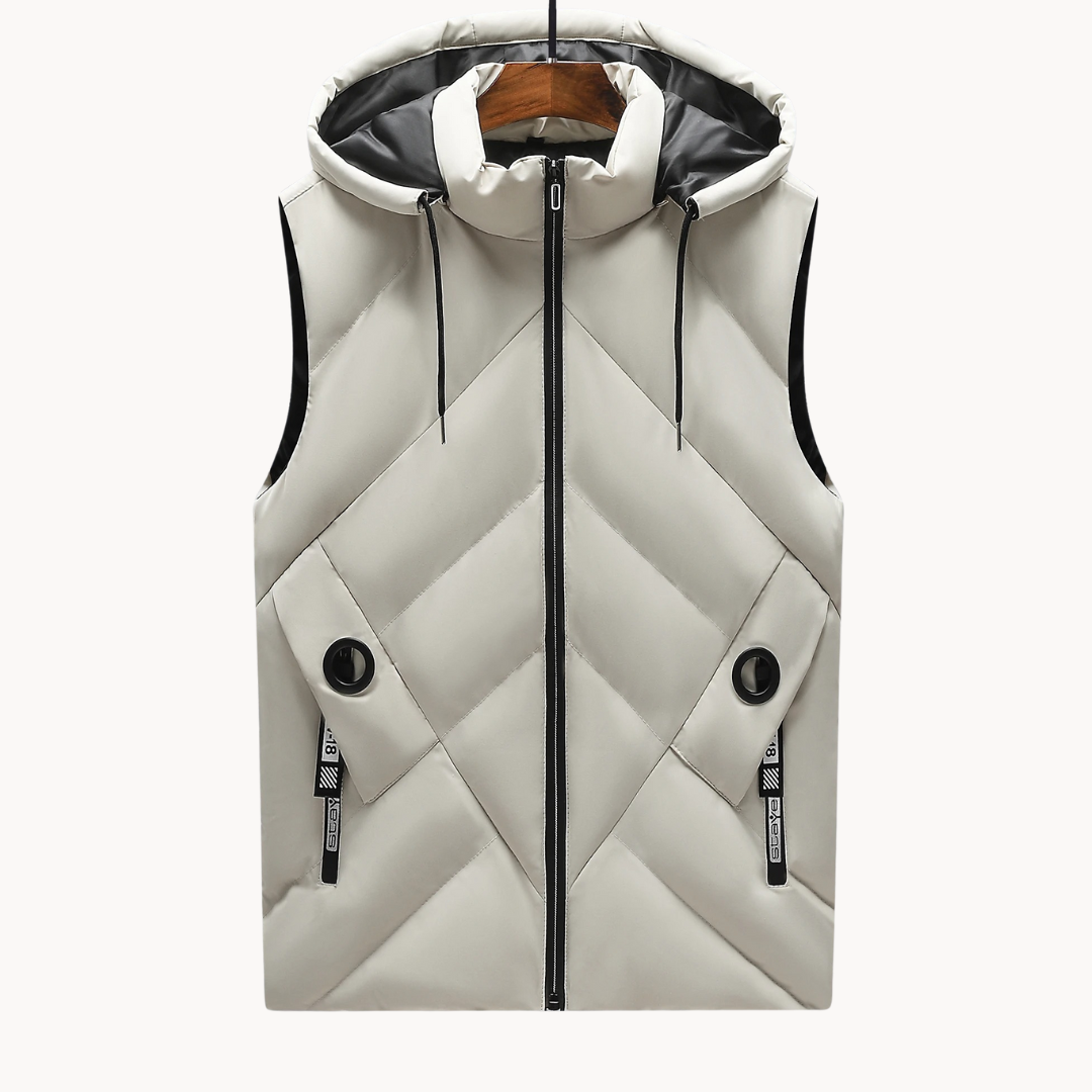 "Herren Thermoweste, grau, isoliert, flexibel, bequem, ideal für Outdoor-Aktivitäten und kaltes Wetter."