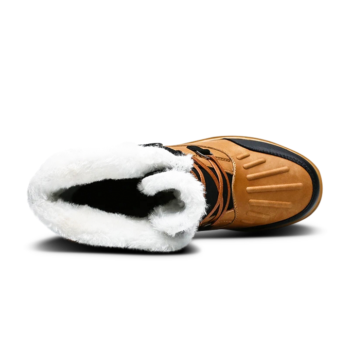 Herren Winterstiefel in Braun, wasserdicht und isoliert, mit robuster Sohle und wollgefüttert für Komfort bei Schnee und Eis.