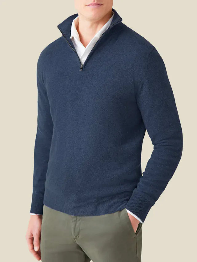 Herren-Kaschmirpullover mit Reißverschluss, atlanticblau, Luca Faloni, aus Italien, elegantes Design.