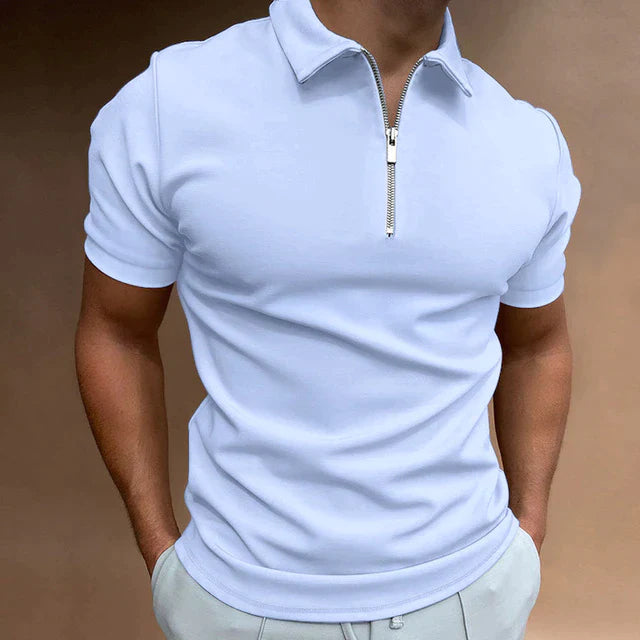 Herren Polo-Shirt, hellblau, Kurzarm, Reißverschluss, Baumwolle, modisch, Freizeitkleidung