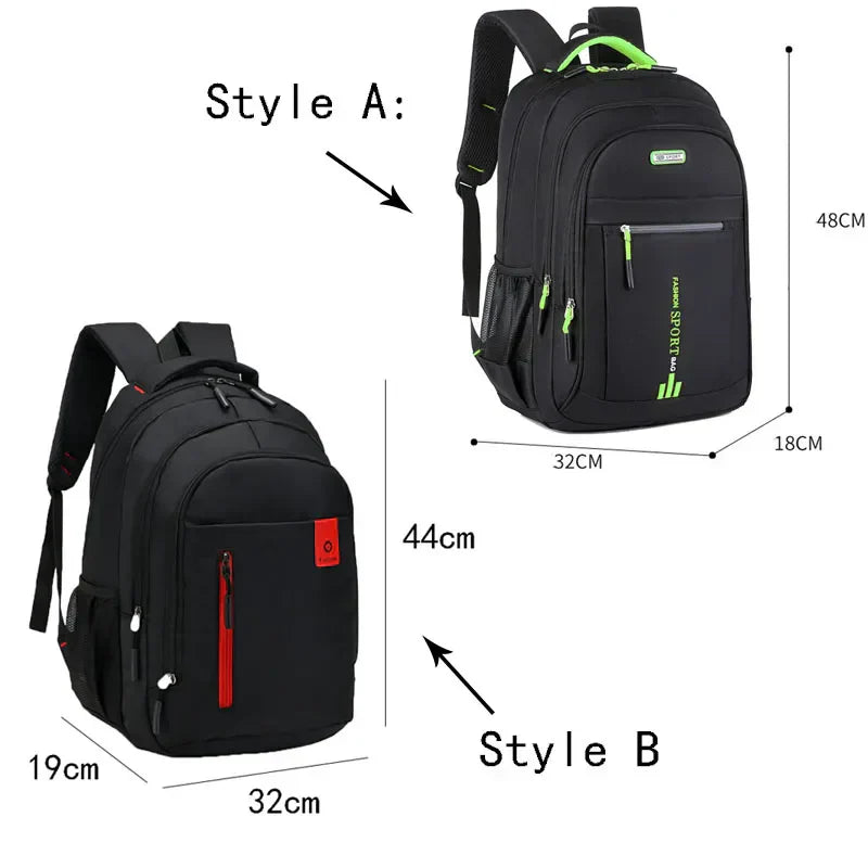 Zwei schwarze Rucksäcke, wasserdicht, Business- und Schultaschen, mit grünen und roten Akzenten.