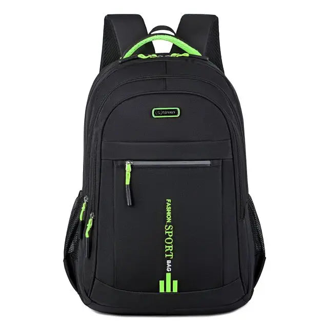 Schwarzer wasserdichter Rucksack, Oxford-Stoff, Business- und Schultasche, grüne Akzente.