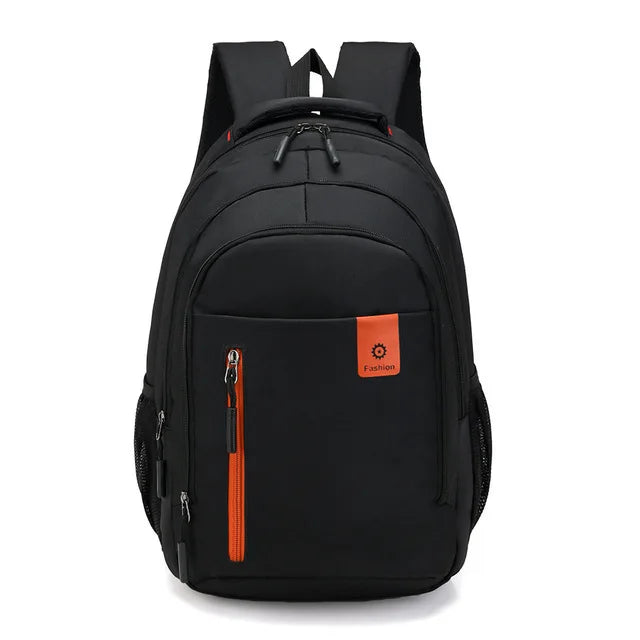 Schwarzer wasserdichter Oxford-Rucksack, Business- und Schultasche, mit orangefarbenen Akzenten.