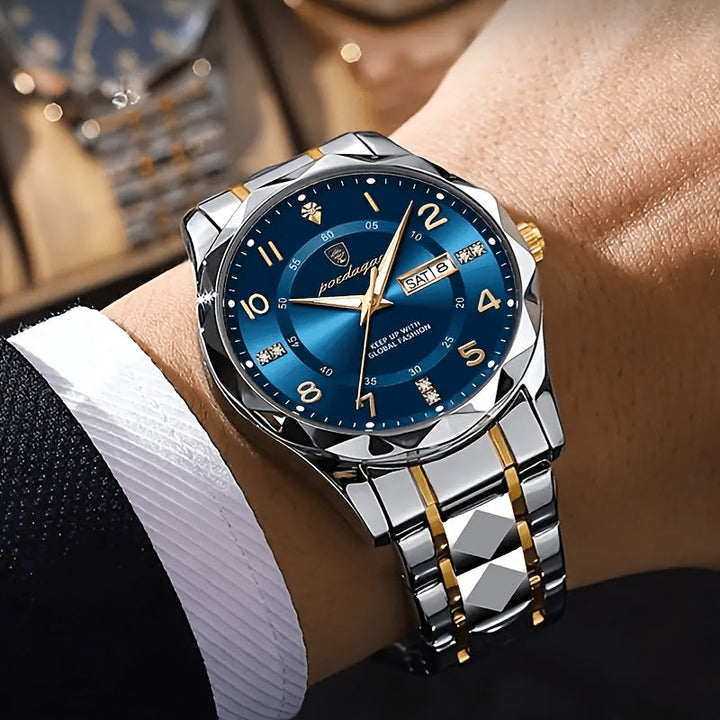 Luxus Herrenarmbanduhr, blaues Zifferblatt, silber-goldenes Edelstahlarmband, elegant, modisch.