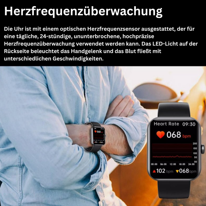 Smartwatch mit Herzfrequenzüberwachung, schwarzes Armband, LED-Display, Gesundheitsüberwachung.