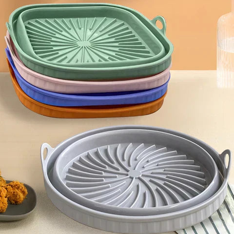 Hitzebeständiger Silikon-Einsatz für Heißluftfritteuse, antihaftbeschichtet, rund, ideal für fettarmes Kochen.