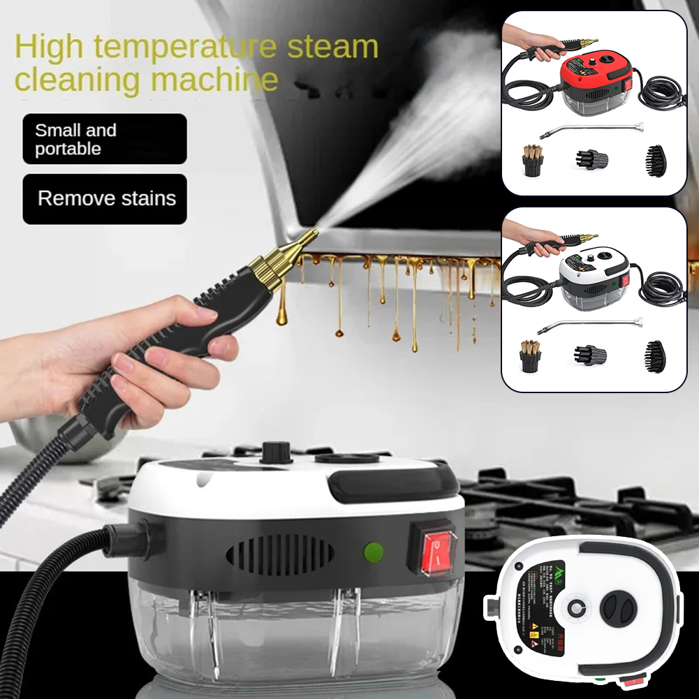"Hochdruck-Dampfreiniger 2500W, Vorderansicht, schwarz, robustes Design, ideal für Haushalt und Küche, 6 Dampfstufen."