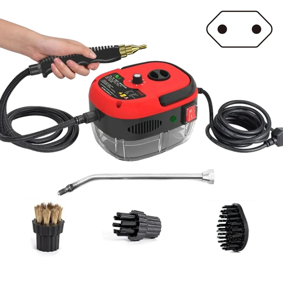 "Hochdruck-Dampfreiniger 2500W, Vorderansicht, schwarz, robustes Design, ideal für Haushalt und Küche, 6 Dampfstufen."