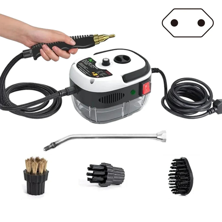 "Hochdruck-Dampfreiniger 2500W, Vorderansicht, schwarz, robustes Design, ideal für Haushalt und Küche, 6 Dampfstufen."