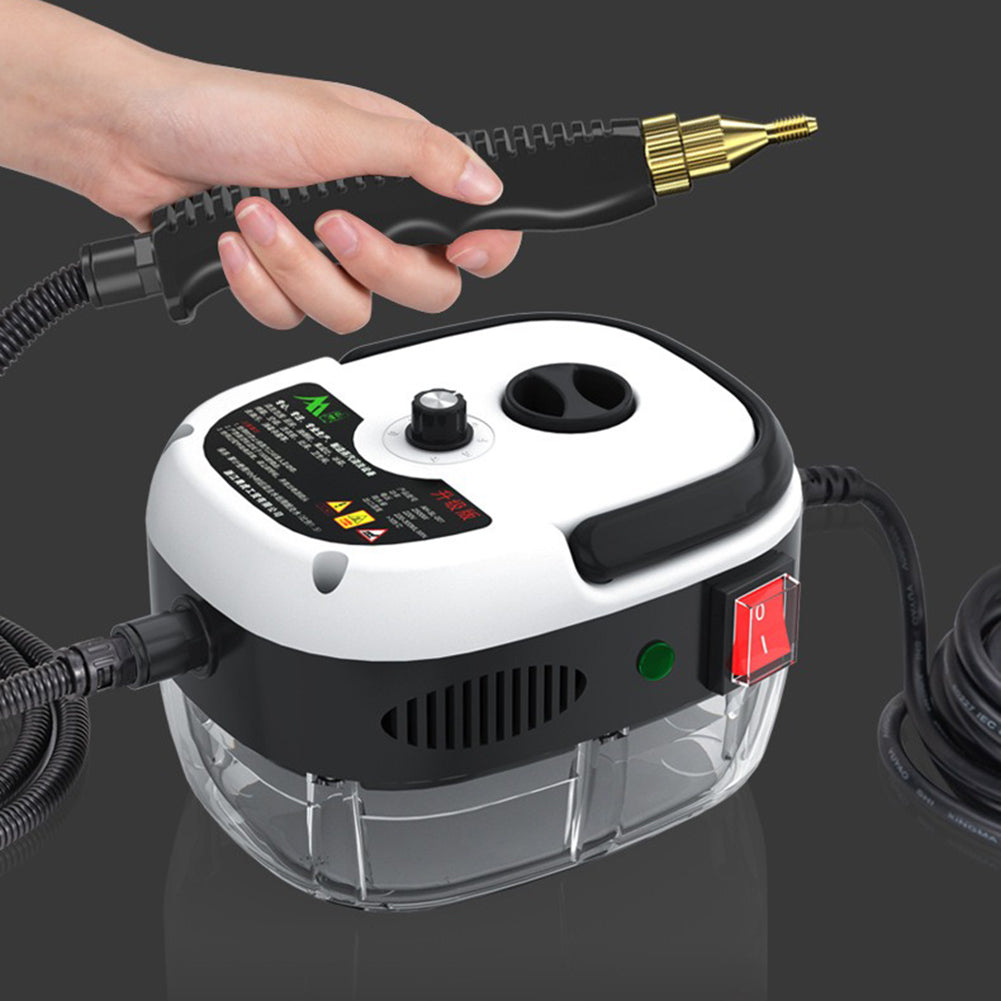 "Hochdruck-Dampfreiniger 2500W, Vorderansicht, schwarz, robustes Design, ideal für Haushalt und Küche, 6 Dampfstufen."