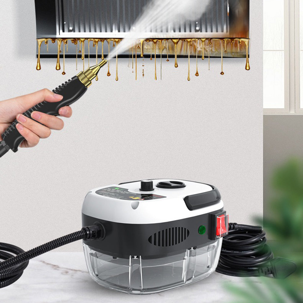 "Hochdruck-Dampfreiniger 2500W, Vorderansicht, schwarz, robustes Design, ideal für Haushalt und Küche, 6 Dampfstufen."