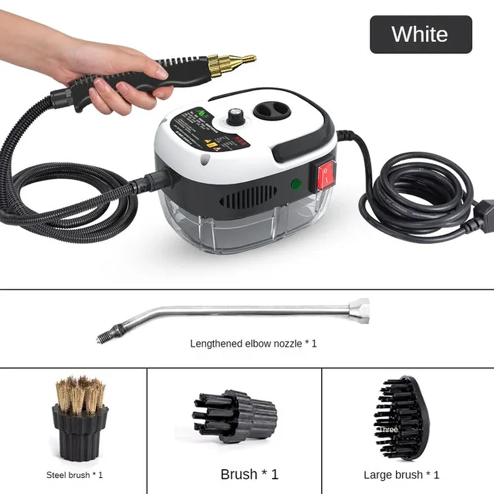 "Hochdruck-Dampfreiniger 2500W, Vorderansicht, schwarz, robustes Design, ideal für Haushalt und Küche, 6 Dampfstufen."