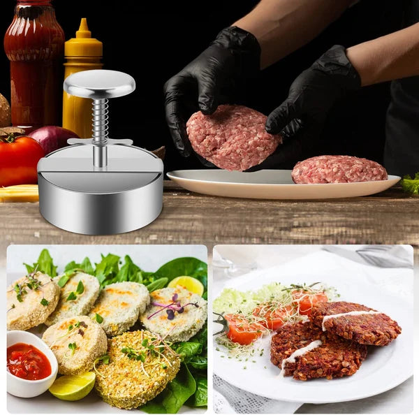 Hochwertige Burgerpresse aus Edelstahl, ergonomisch, für perfekt geformte Patties; spülmaschinengeeignet, langlebig.
