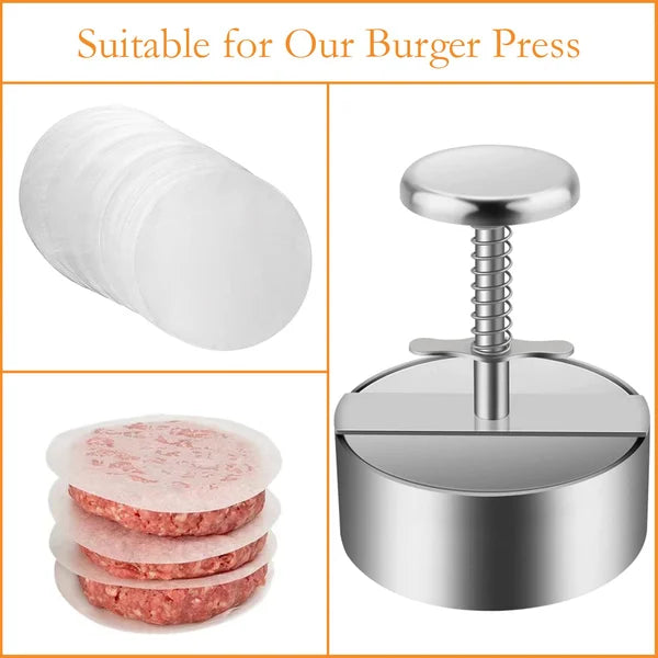 Hochwertige Burgerpresse aus Edelstahl, ergonomisch, für perfekt geformte Patties; spülmaschinengeeignet, langlebig.