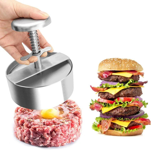 Hochwertige Burgerpresse aus Edelstahl, ergonomisch, für perfekt geformte Patties; spülmaschinengeeignet, langlebig.