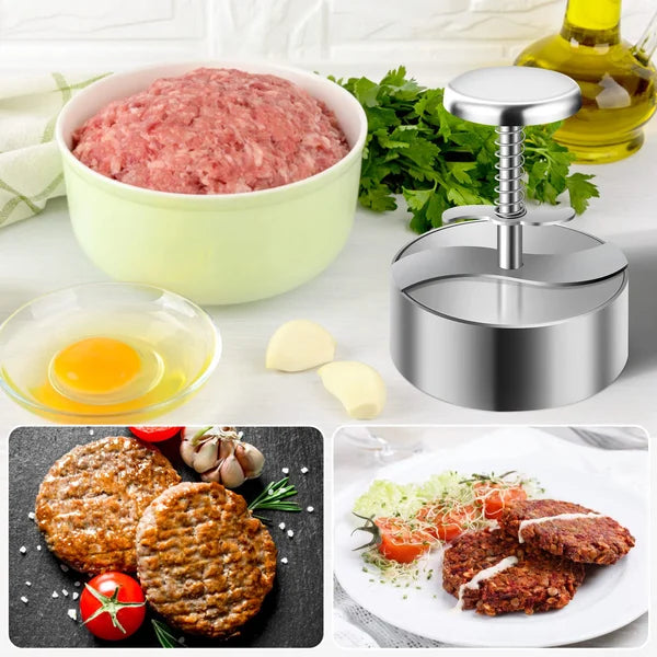 Hochwertige Burgerpresse aus Edelstahl, ergonomisch, für perfekt geformte Patties; spülmaschinengeeignet, langlebig.