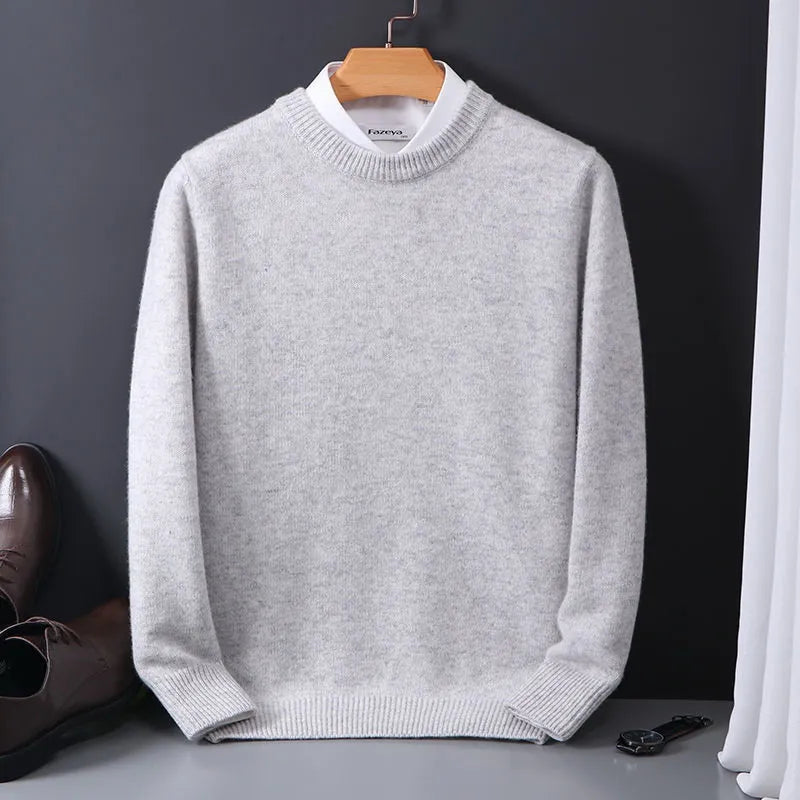 "Hochwertiger Herren-Kaschmirpullover, grau, klassisches Design, luxuriös weiches Material, ideal für elegante Anlässe."