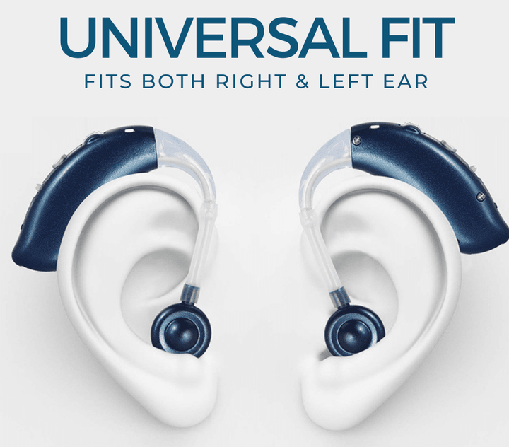 Hörgerät für beide Ohren, universelle Passform, blau, ergonomisches Design, Hörhilfe.