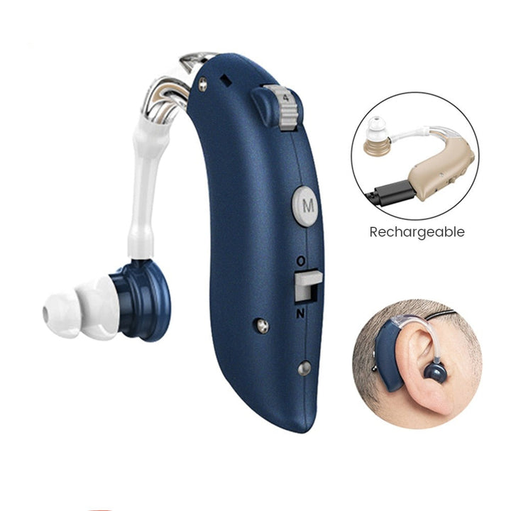 Wiederaufladbares blaues Hörgerät, ergonomisches Design, Ohrpassstück, Lautstärkeregler.