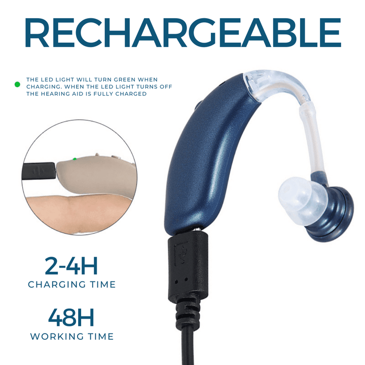 Wiederaufladbares Hörgerät, blau, mit USB-Ladekabel, 2-4 Stunden Ladezeit, 48 Stunden Nutzung.
