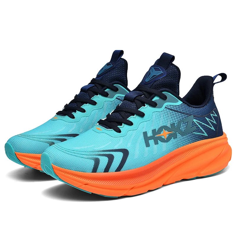Türkise Laufschuhe mit orangefarbener Sohle, atmungsaktiv, ideal für Sport und Fitness.