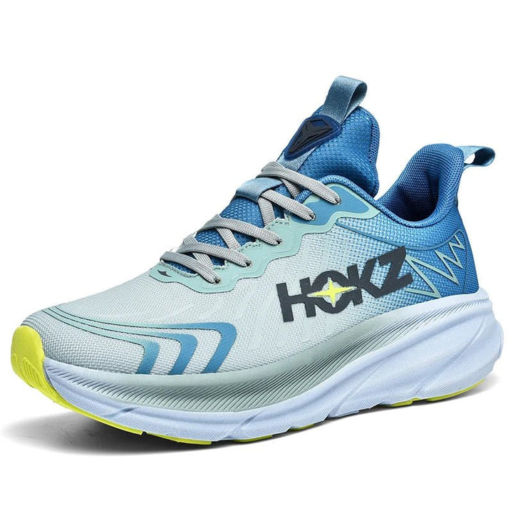 Blaue HOKZ Laufschuhe, atmungsaktiv, leicht, mit gelber Sohle, ideal für Sport und Training.