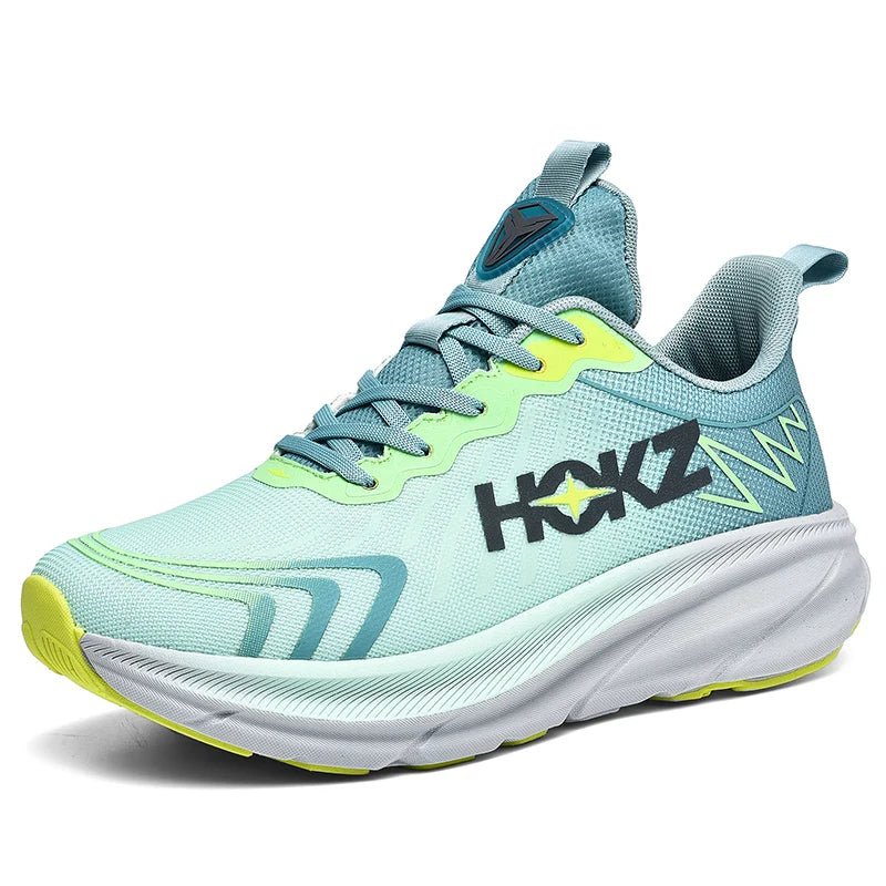 Türkis-grüne Laufschuhe, HOKZ-Logo, atmungsaktives Mesh, rutschfeste Sohle, Herren-Sportschuhe.