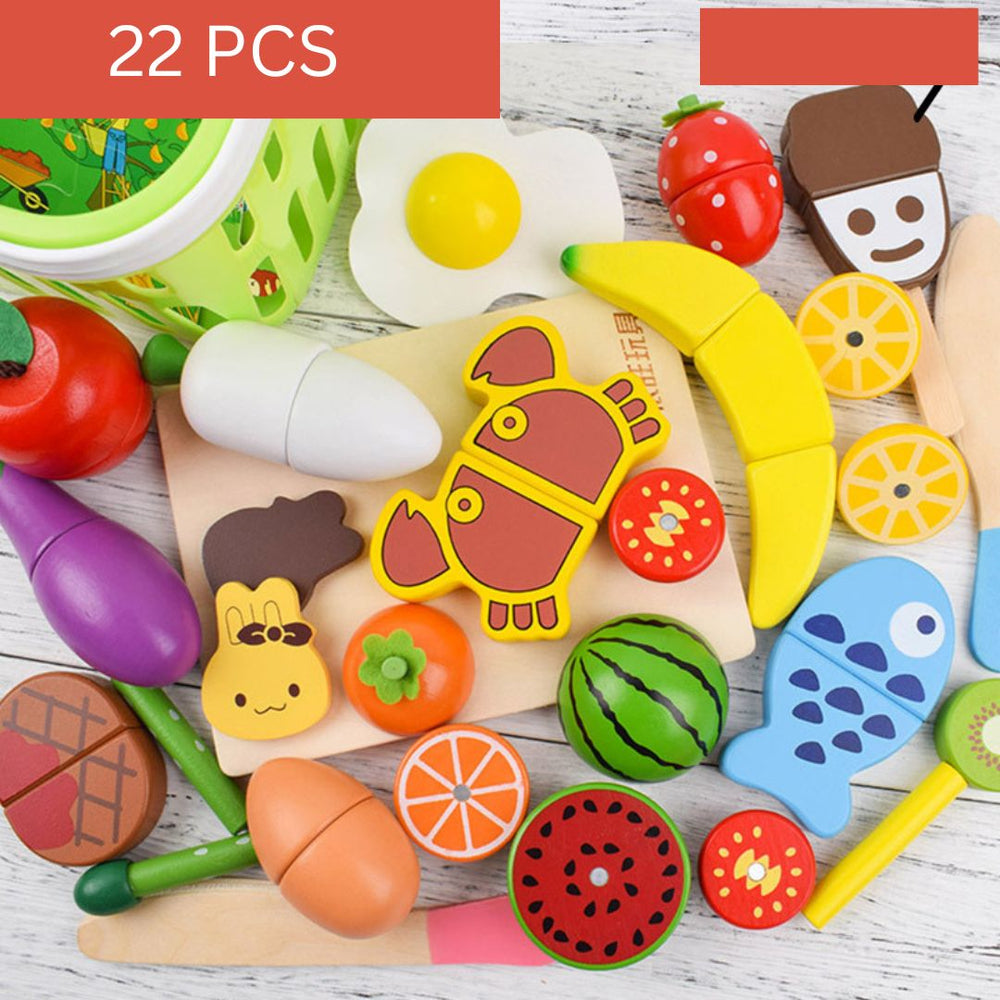 "Holz Montessori Schneide Spielset mit buntem Holz-Obst und -Gemüse, geeignet für kreatives Lernen und kleine Kinderhände."