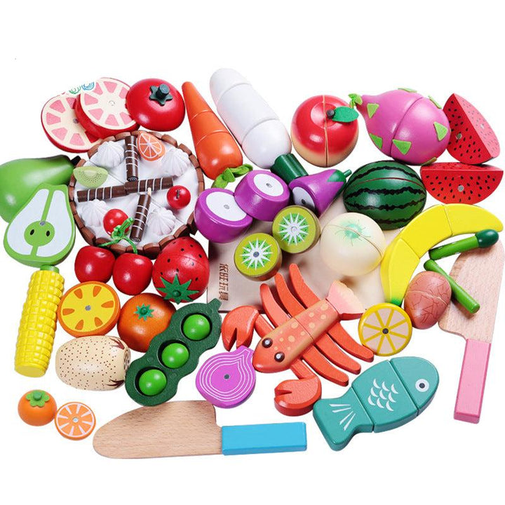 "Holz Montessori Schneide Spielset mit buntem Holz-Obst und -Gemüse, geeignet für kreatives Lernen und kleine Kinderhände."