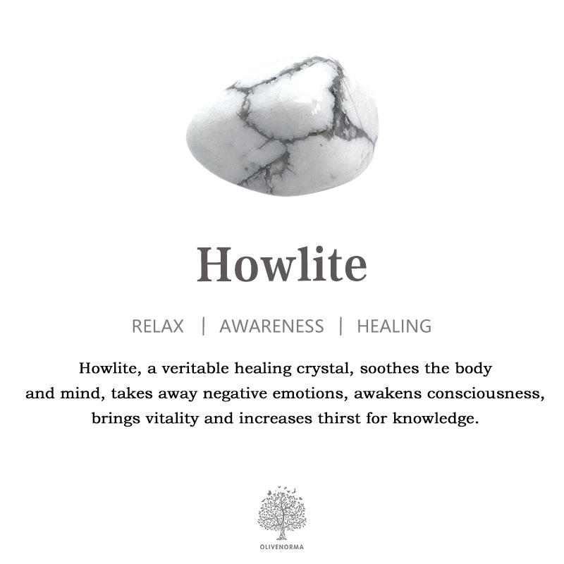 Howlith-Kristall weiß, graue Adern, Heilstein, Entspannung, Bewusstsein, Heilung, Olivenbaum-Logo.