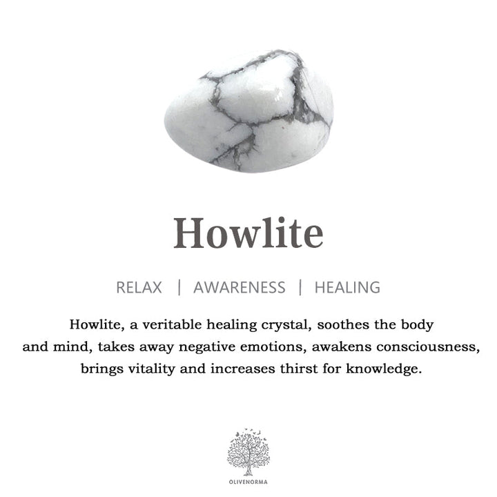 Howlith-Kristall weiß, graue Adern, Heilstein, Entspannung, Bewusstsein, Heilung, Olivenbaum-Logo.