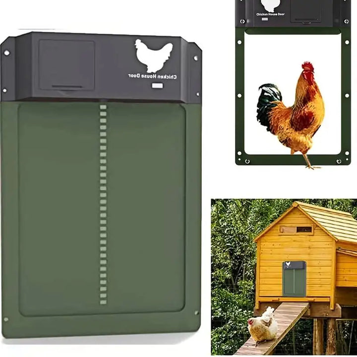 Automatische Hühnerstalltür grün, wetterfest, mit Huhn-Motiv, für sicheren Hühnerstallzugang.
