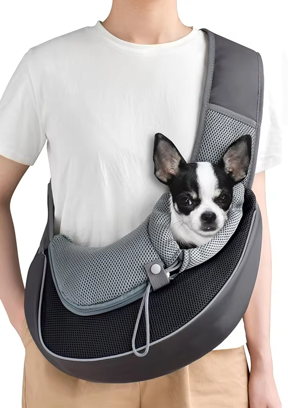 "Hunde-Tragetasche Seitenansicht, ergonomisch, atmungsaktiv, mit gepolsterten Gurten für Komfort und Sicherheit für Haustiere