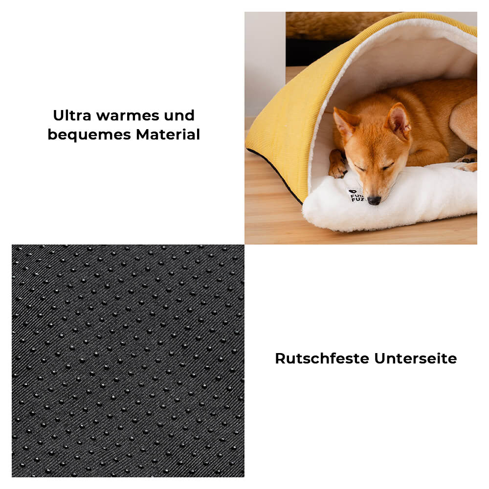 Hundebett mit Schlafsackdesign, weiches Kaninchenfellfutter, ideal für Welpen und kleine Hunde, luxuriöse Geborgenheit.