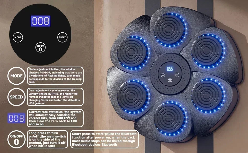 Interaktive smarte Boxmaschine, kompakt 40x40x6 cm, mit RGB-Beleuchtung und robustem Design für Fitness und Fun daheim.