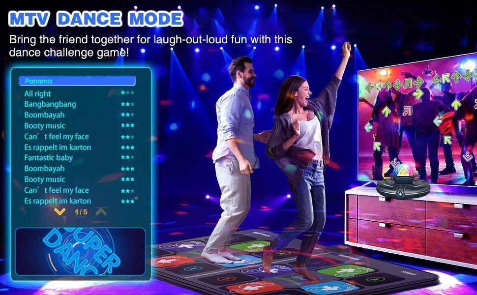 "Interaktive Tanzmatte für Kinder, bunt, rutschfest, mit 144 Songs und Yogaübungen, für TV und PC geeignet."